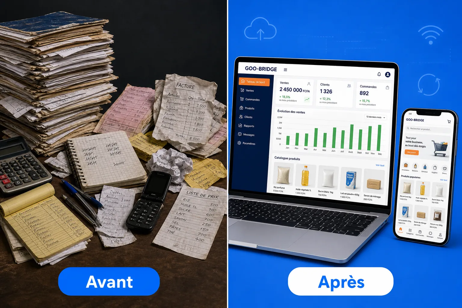 Avant : papiers, carnets et chaos informel. Après Goo-Bridge : tableau de bord web et app mobile centralisés.